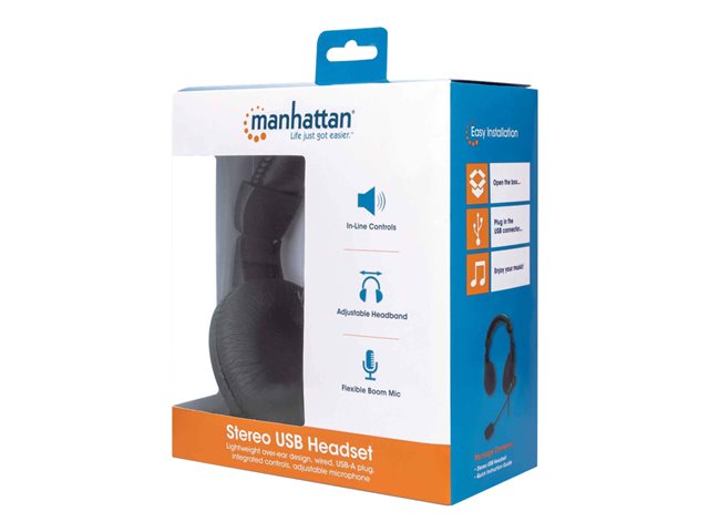 Manhattan Stereo Over-Ear Headset (USB) (Clearance Pricing), Microphone Boom (padded), Retail Box Packaging, Adjustable Headband, Ear Cushions, 1x USB-A for both sound and mic use, cable 1.5m, Three Year Warranty - headset