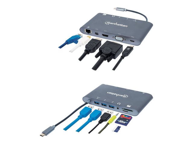 Manhattan USB-C Dock/Hub with Card Reader, Ports (x8): USB-C to HDMI, Audio 3.5mm, Ethernet, Mini DisplayPort, USB-A (x3) and USB-C, With Power Delivery (60W) to USB-C Port (Note add USB-C wall charger and USB-C cable needed), All Ports can be used at the