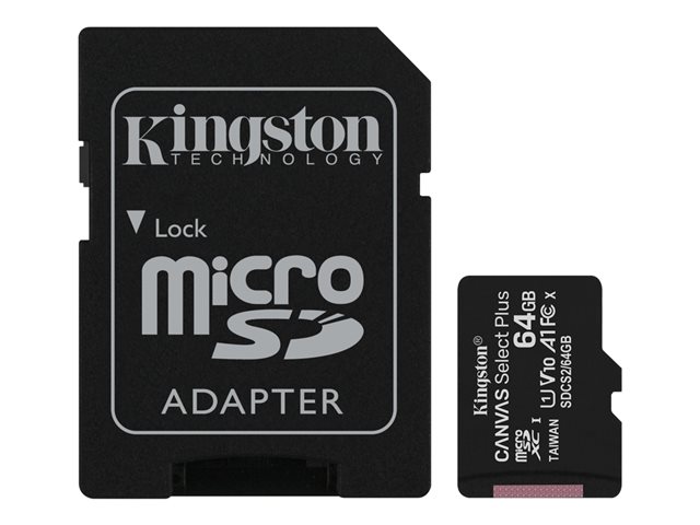 Kingston Canvas Select Plus - Flash memory card (microSDXC to SD adapter included) - 64 GB - A1 / Video Class V10 / UHS Class 1 / Class10 - microSDXC UHS-I (pack of 2)