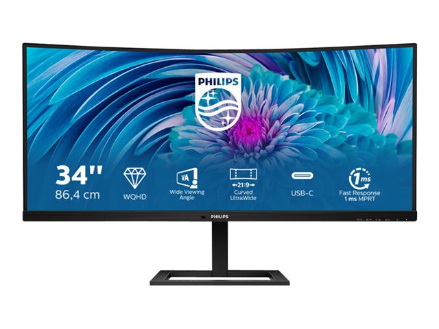 Philips E-line 346E2CUAE - LED monitor - curved - 34" - 3440 x 1440 UWQHD @ 100 Hz - VA - 300 cd/m² - 3000:1 - 1 ms - HDMI, DisplayPort, USB-C - speakers - textured black