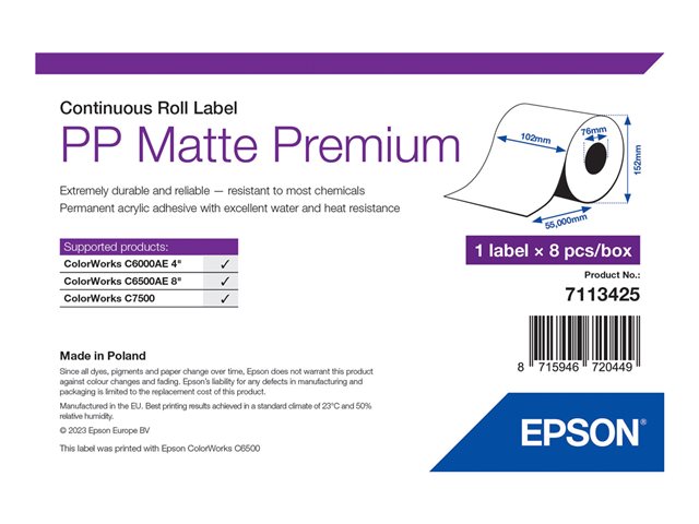 PP MATTE LABEL PREM CONTINUOUS ROLL 102X55MM
