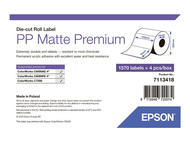 PP MATTE LABEL PREM DIE-CUT ROLL 102X76MM 1570 LABELS