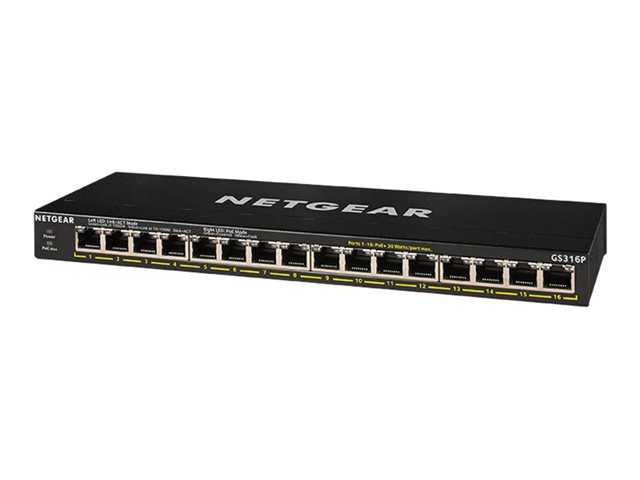 NETGEAR GS316P - Switch - unmanaged - 16 x 10/100/1000 (PoE+) - desktop, wall-mountable - PoE+ (115 W)