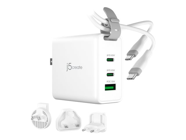 j5create power adapter - 3-port, GaN, with changeable AC plugs and USB-C cable - 2 x USB-C, USB - 65 Watt