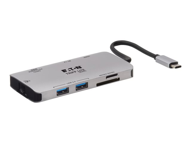 Eaton Tripp Lite Series USB-C Portable Docking Station - HDMI 4K @ 30 Hz, USB-A/C, GbE, SD/Micro SD, PD Charging 3.0, Gray - Docking station - USB-C - HDMI, USB-C - 1GbE