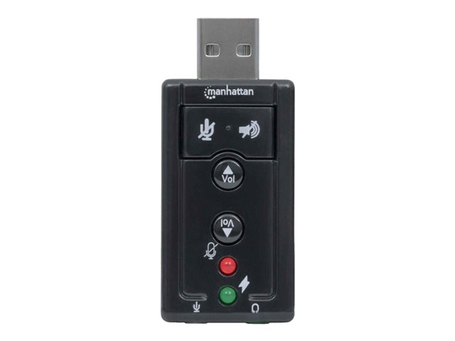 Manhattan USB-A Sound Adapter, USB-A to 3.5mm Mic-in and Audio-Out ports, 480 Mbps (USB 2.0), 7.1-Channel Virtual 3D Surround Sound, Internal Amplifier and Volume Controls, Hi-Speed USB, Three Year Warranty, Box - sound card