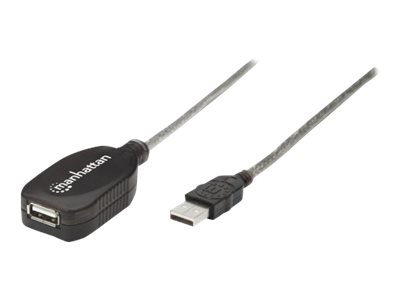 Manhattan USB-A to USB-A Extension Cable, 5m, Male to Female, Active, Translucent Silver, 480 Mbps (USB 2.0), Daisy-Chainable, Built In Repeater, Hi-Speed USB, Three Year Warranty, Blister - USB extension cable - USB to USB Type B - 5 m