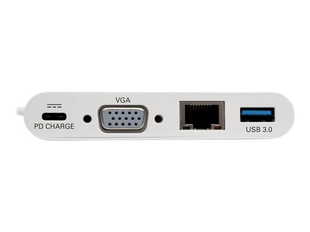 Eaton Tripp Lite Series USB C to VGA Multiport Video Adapter Converter w/ USB-A Hub, USB-C PD Charging Port & Gigabit Ethernet Port, Thunderbolt 3 Compatible USB Type C to VGA, USB Type-C - docking station - USB - VGA - 1GbE