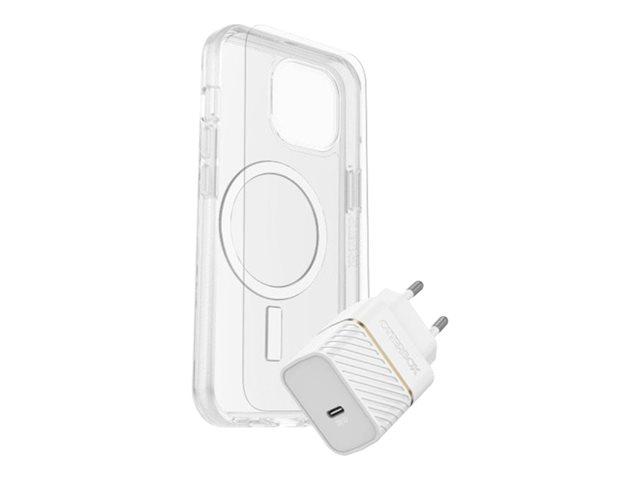 OtterBox Symmetry Series - Back cover for mobile phone - MagSafe compatibility - clear - with Premium Glass Screen protector and Fast Charge Wall Charger USB-C 30W - for Apple iPhone 16 Pro