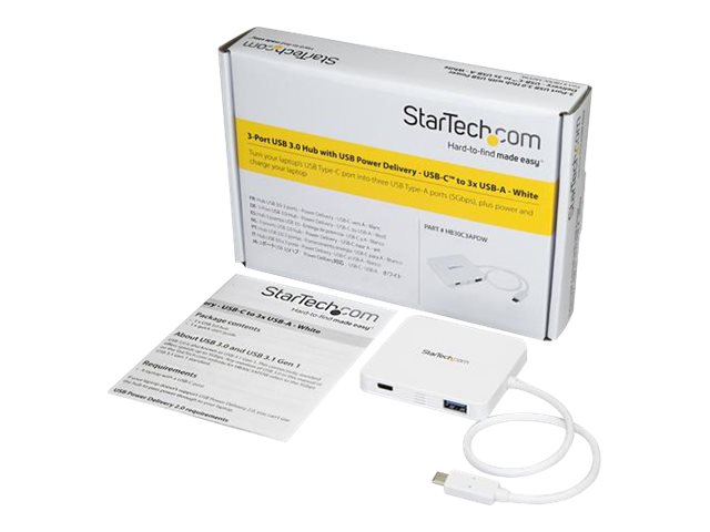 StarTech.com USB C Hub - Powered - White - 3 Port USB-C to USB-A (3x) and GbE RJ45 (1x) - USB to Ethernet - USB Port Expander (HB30C3APDW) - hub - 3 ports