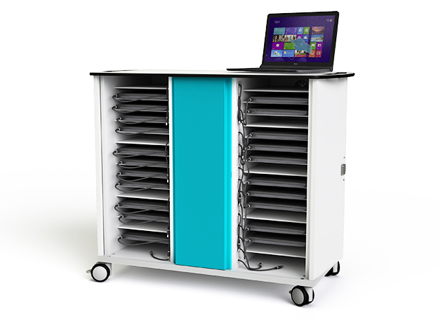 Zioxi Mobile storage and charging trolley for 32 Laptops, with sequential power start and key lock. Warranty 5 years (2 years for electrics)