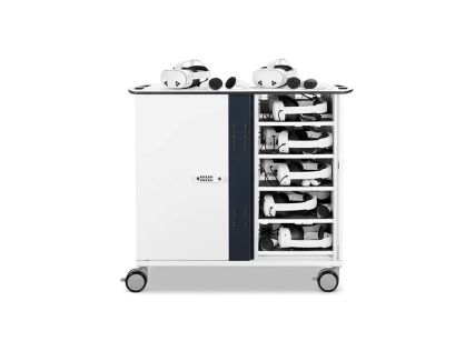 Zioxi USB-C VR charging cart with storage and intelligent USB type C charging for 10 VR headsets with flexible straps or 5 VR headsets with rigid straps. Storage space for controllers with each headset. Digital code lock. Fitted USB-C cables included.