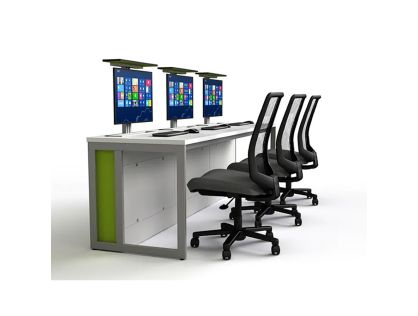 Zioxi Triple IT desk with three M1 pop up PC monitor housings, metal end frames