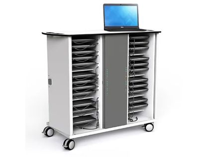 Zioxi Mobile Chromebook charging trolley, storage for 32 Chromebooks and small laptops, with integrated USB C PD 60W power, fitted USB C cable presented to each shelf, soft start power management and 2 key locks