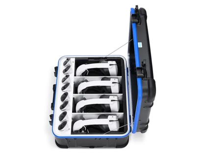 Zioxi USB-C VR charging cart with storage and intelligent USB type C charging for 10 VR headsets with flexible straps or 5 VR headsets with rigid straps. Storage space for controllers with each headset. Digital code lock. Fitted USB-C cables included.