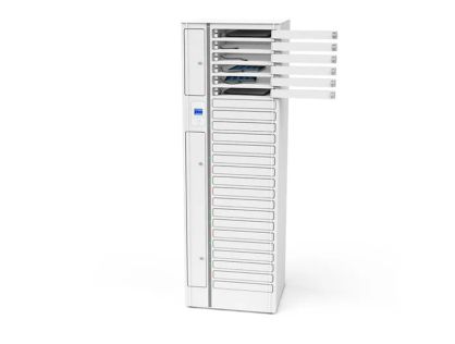 Zioxi Volt 1:1 charging locker tower for 24 laptops, AC adapter sockets and storage, onView smart locker hybrid (LF, HID) RFID access control, web based locker and user remote management.