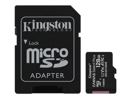 Kingston Canvas Select Plus - Flash memory card (microSDXC to SD adapter included) - 128 GB - A1 / Video Class V10 / UHS Class 1 / Class10 - microSDXC UHS-I
