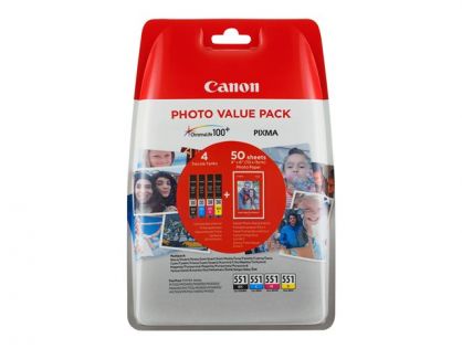 Canon CLI-551 C/M/Y/BK Photo Value Pack - 4-pack - black, yellow, cyan, magenta - original - ink tank / paper kit