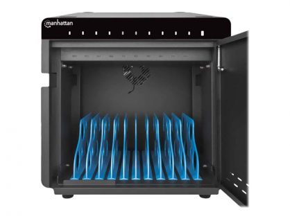 Manhattan Charging Cabinet/Cart via USB-C x10 Devices Desktop, Power Delivery 18W per port (180W total), Suitable for iPads/other tablets/phones, Bays 264x22x235mm, Device charging cables not included, Silent Ventilation, Lockable (2 keys), EU & UK power