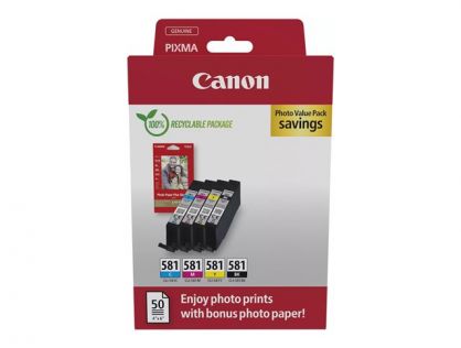 Canon CLI-581 C/M/Y/BK Photo Value Pack - 4-pack - 5.6 ml - black, yellow, cyan, magenta - original - box - ink tank / paper kit - for PIXMA TS6251, TS6350, TS6351, TS705, TS8252, TS8350, TS8351, TS8352, TS9550, TS9551
