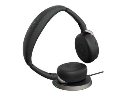 Jabra Evolve2 65 Flex UC Stereo - Headset - on-ear - Bluetooth - wireless - active noise cancelling - USB-C - black - with wireless charging pad - Optimised for UC