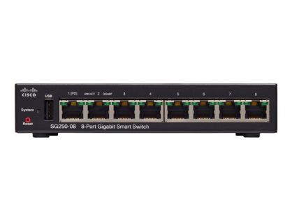 Cisco 250 Series SG250-08 - Switch - L3 - smart - 8 x 10/100/1000 (1 PoE, 1 PoE+) - rack-mountable - PoE+