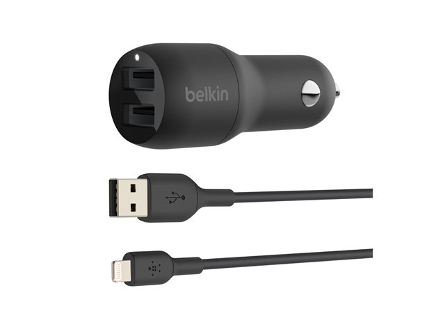 DUAL USB-A CHARGER CAR W/LIGHTNING CABLE 1M 24W BLACK