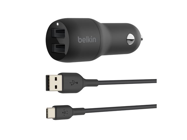 DUAL USB-A CHARGER CAR W/USB-C CABLE 1M 24W BLACK