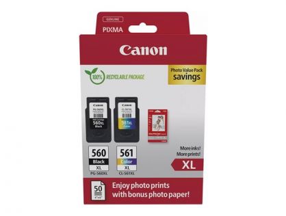 Canon PG-560XL/CL-561XL Photo Value Pack - Glossy - 2-pack - High Yield - black, colour (cyan, magenta, yellow) - original - hanging box - ink cartridge / paper kit - for PIXMA TS5350, TS5351, TS5352, TS5353, TS7450
