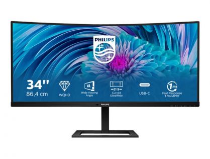 Philips E-line 346E2CUAE - LED monitor - curved - 34" - 3440 x 1440 UWQHD @ 100 Hz - VA - 300 cd/m² - 3000:1 - 1 ms - HDMI, DisplayPort, USB-C - speakers - textured black