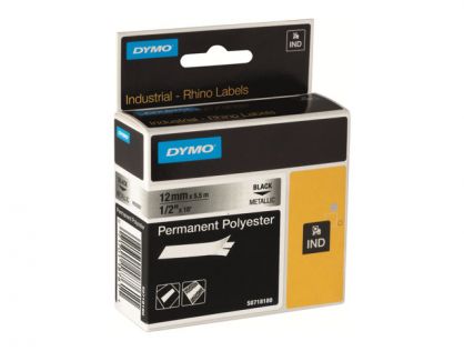 RHINO Tape Permanent Polyester 12mm Black on clear