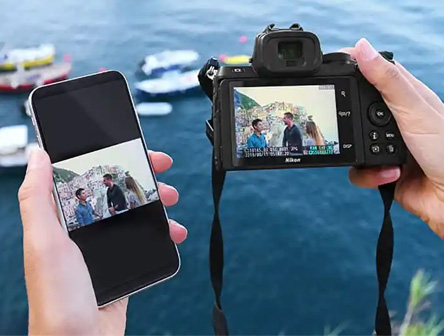 A phone connecting directly to a camera for use and file transfer