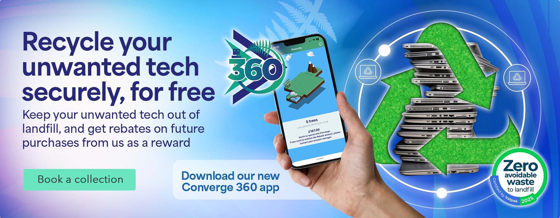 Converge 360 IT Recycling app banner with clickable link