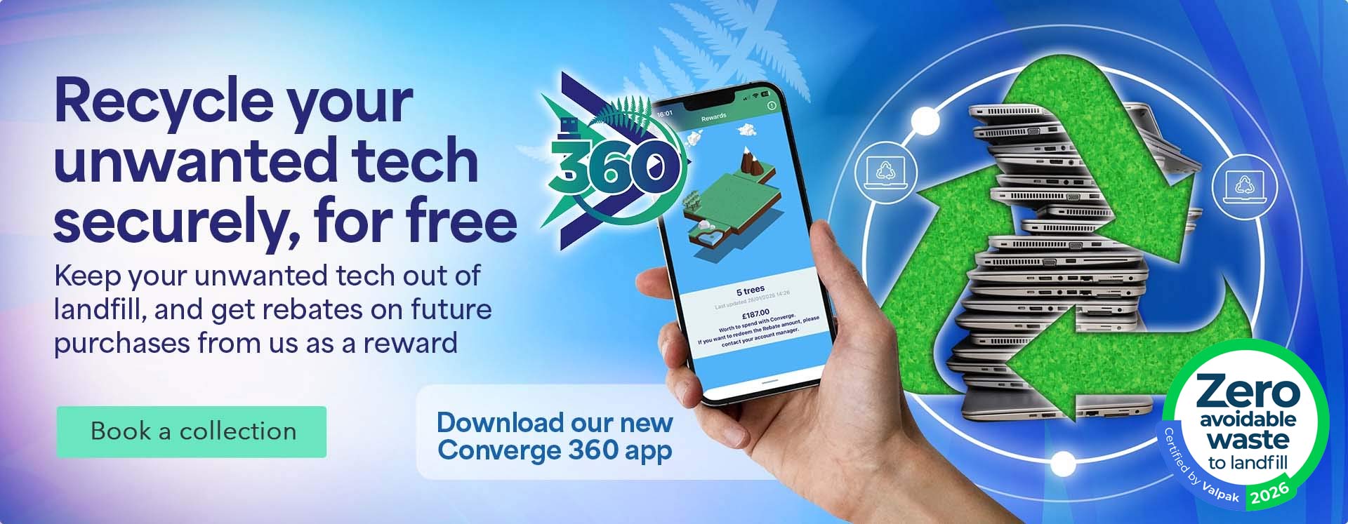 Converge 360 IT Recycling app banner with clickable link
