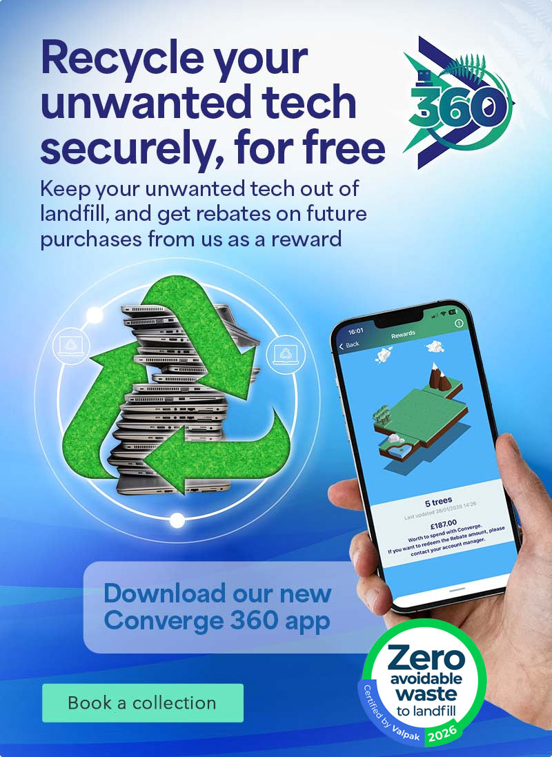 Converge 360 IT Recycling app banner with clickable link