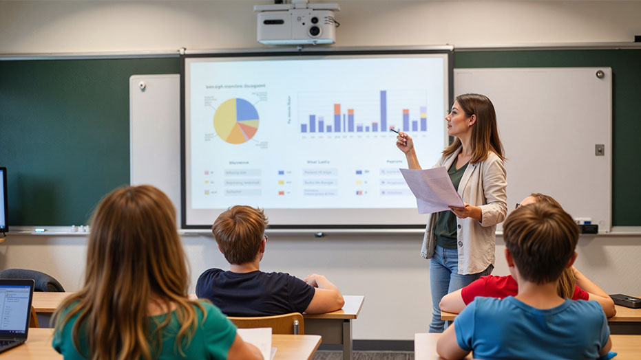 A teacher using Converge AV solutions to teach a class of children