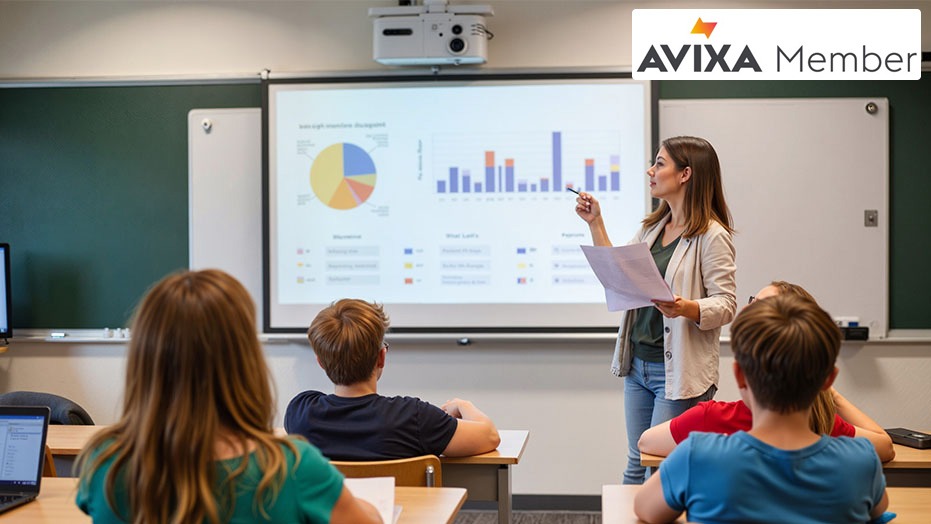 A teacher using Converge AV solutions to teach a class of children