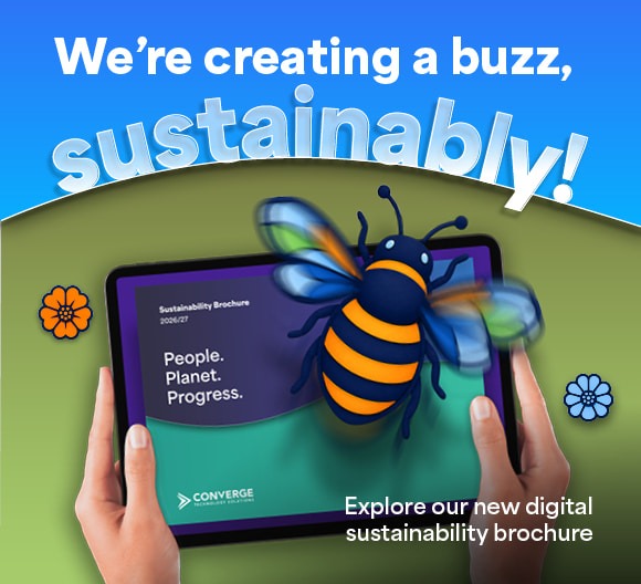 A banner showing the Converge sustainability brochure available for download
