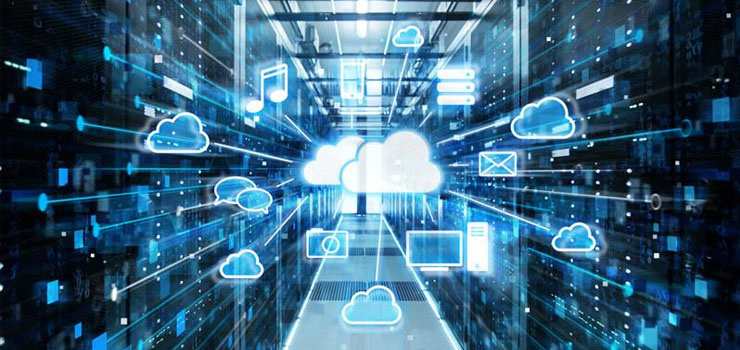 An IT Server room with the cloud logo