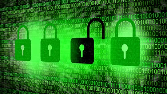 Digital padlocks on a binary code background