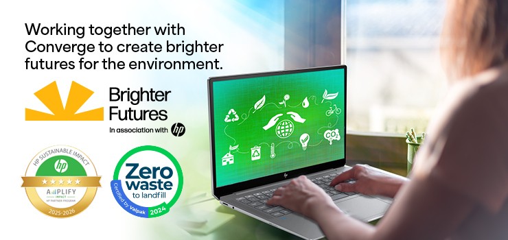 HP sustainability banner with Brighter futures logo and zero to landfill logo
