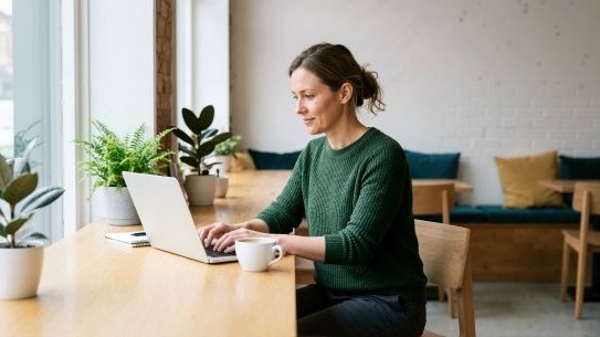 A woman working at a desk using a sustainably sourced laptop through Converge