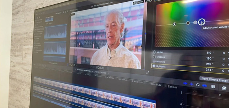A monitor showing a video editoring using OWC devices as storage