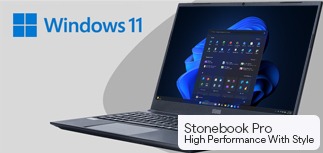 A Stonebok Pro laptop with the Windows 11 Logo