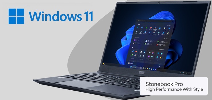 A Stonebok Pro laptop with the Windows 11 Logo